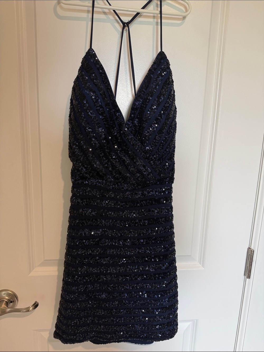 La Femme Navy Sequin Strappy Mini Dress